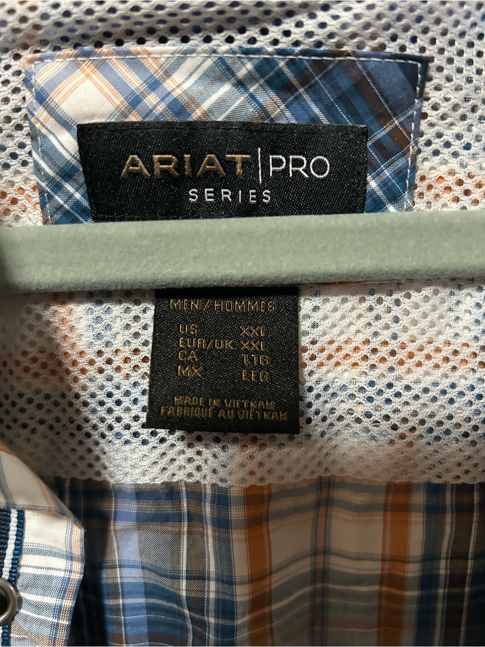 Ariat Blue, White & Orange Plaid Long-Sleeve Button-Down Shirt pro series - Picture 2 of 5